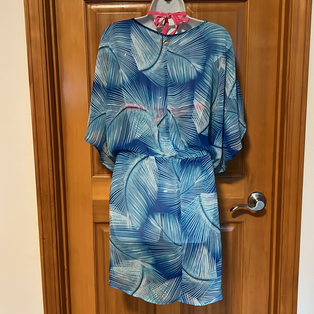 Swimsuit Coverup, blue and white tropical design.